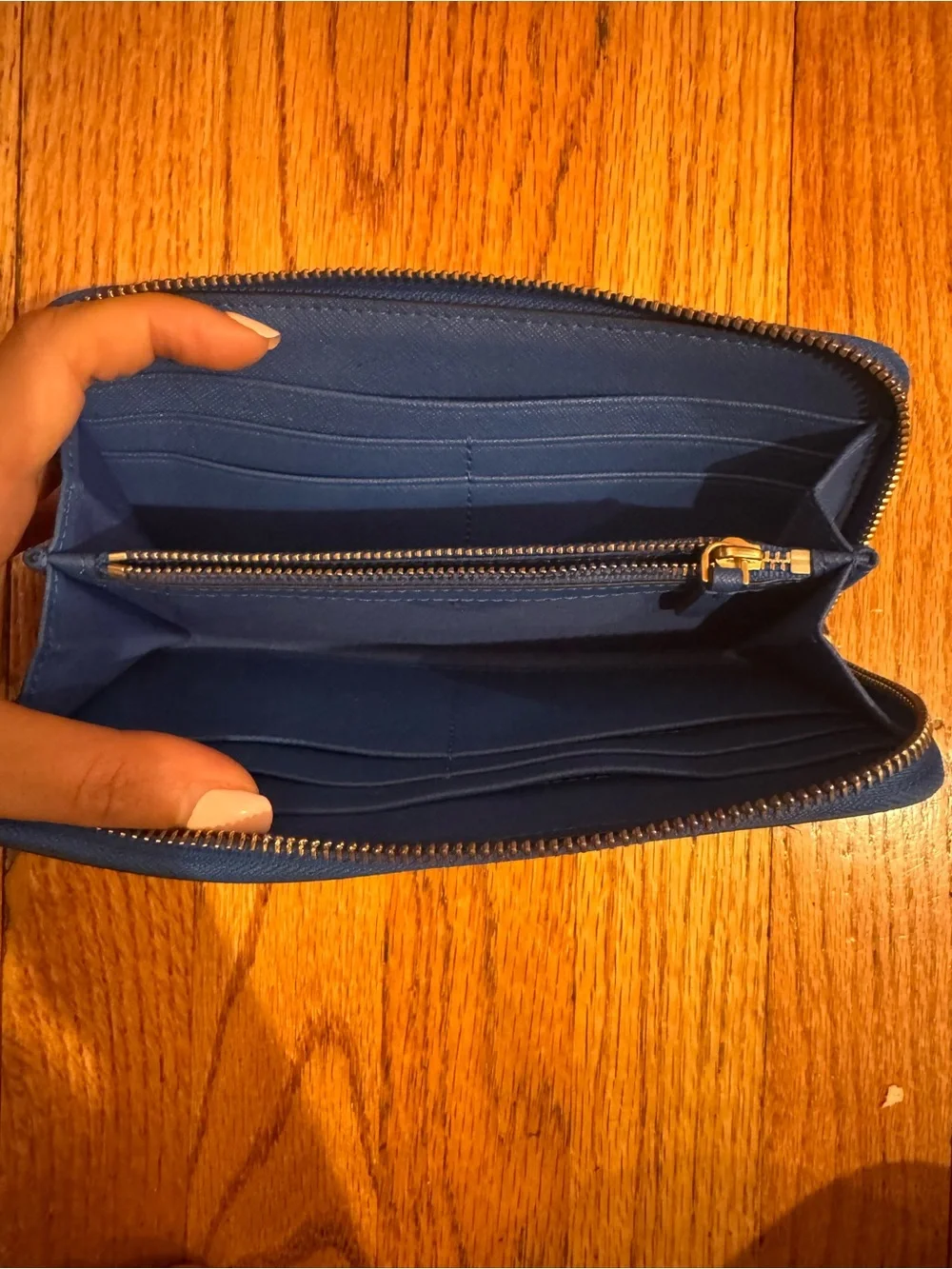 Tory Burch Cream Floral Zip-Around Wallet with Blue Trim